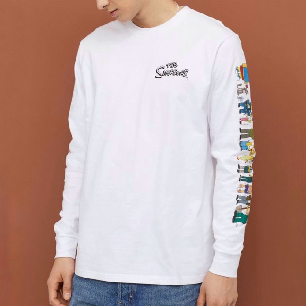 White Long Sleeve T-Shirt The Simpsons Graphic Design on Sleeves Size Men’s XS